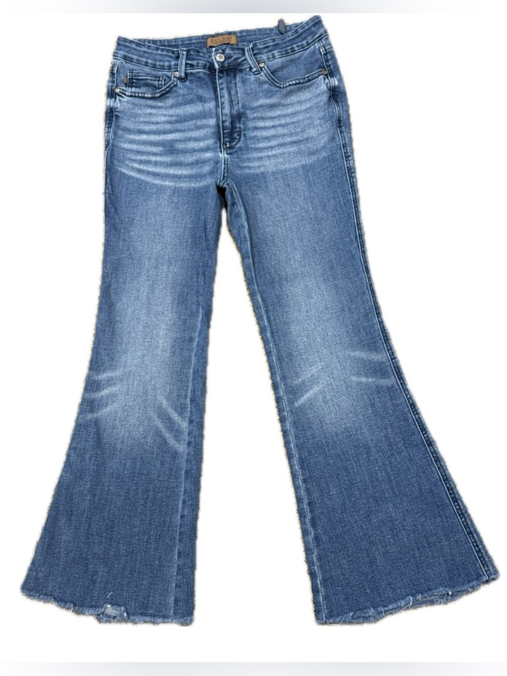 👖🌾 JUDY BLUE Flare‎ Jeans Medium Wash Raw Hem Stretch Denim Women's Sz 30